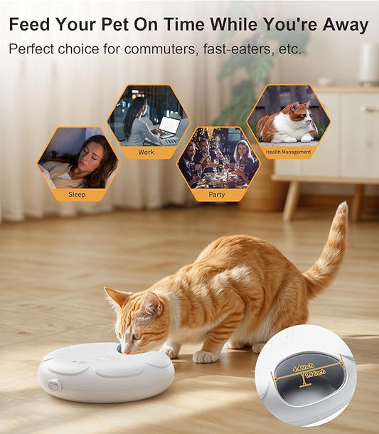 Casfuy Automatic Cat Feeder Cordless - Automatic Cat Food Dispenser with Stainless Steel Tray for Wet Food Rechargeable Auto Feeder for Cats Small Dogs with Programmable Timer Low Battery Indicator