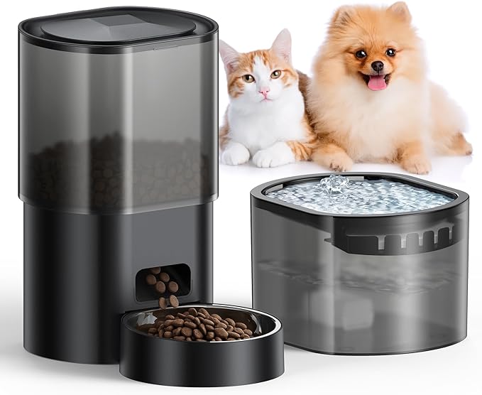 Automatic Cat Feeder and Water Fountain, 2-in-1 Automatic Dog Feeder with 2.4G WiFi APP Remote Control, Smart Timed Cat Food Dispenser with 10s Voice and 1-10 Meals/Day for Cat and Small Dog