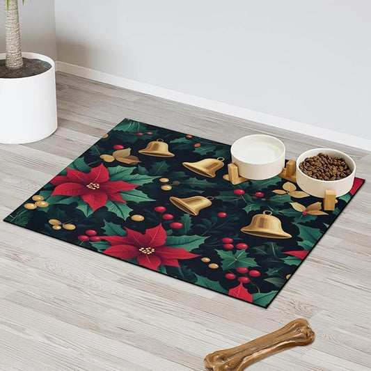 Red Poinsettia Dog Food Mat for Floors Absorbent, Quick Dry Water Dispenser Mat for Food, Water, Pet Supplies 16" x 24", Xmas Bell