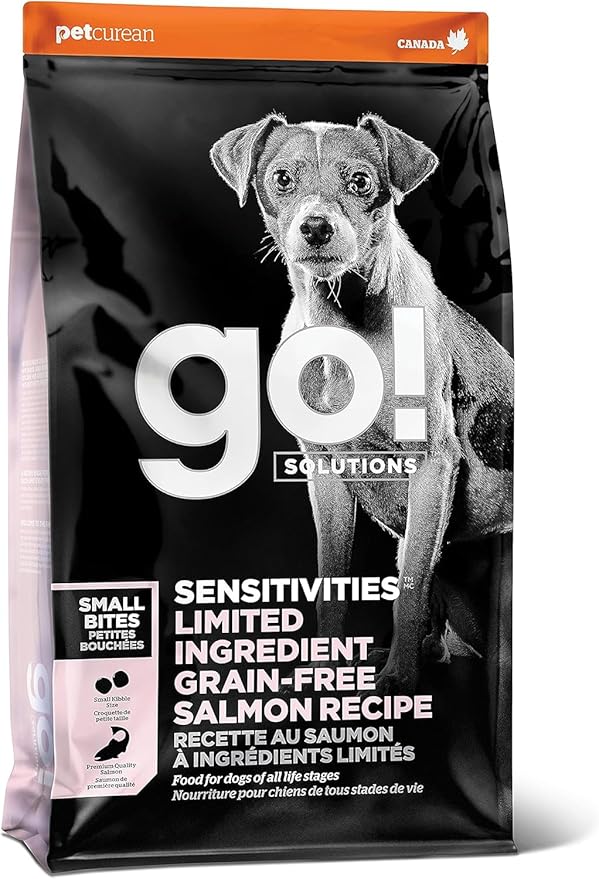 Go! Solutions Sensitivities Limited Ingredient Small Bites Salmon Grain-Free Dry Dog Food, Tiny Kibble for Little Breeds, Chicken-Free for Sensitive Stomachs, for Puppies, Adults, Seniors, 3.5 lb Bag