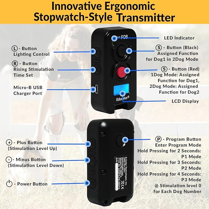 Educator FOB 300 Yard Dog Training Collar with Remote, Humane Stimulation, Pavlovian Tone, Waterproof, Odorproof Biothane Collar, Night Light, Rechargeable, 2 Dog, Black