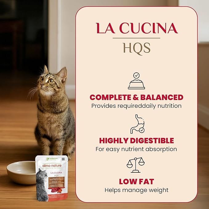 Almo Nature HQS La Cucina Tuna with Lobster in Jelly, Grain Free, Additive Free, Adult Cat Wet Food, Shredded, Pouches, 24 x 55g/1,94 oz