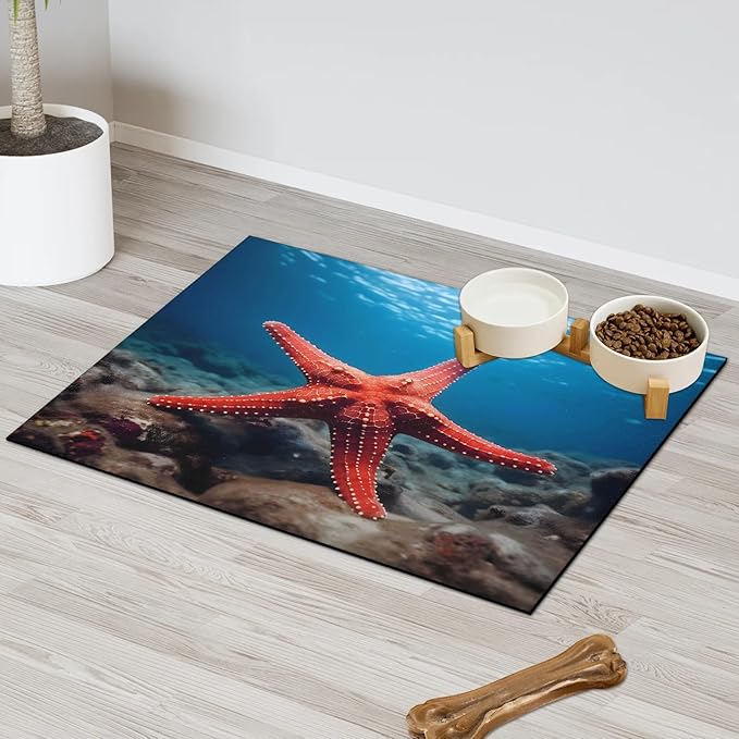 Red Starfish Dog Food Mat for Floors Absorbent Dog Bowl Mat for Food and Water Dispenser Quick Dry Cat Food Placemat Pet Supplies 16" x 24", Ocean Beach