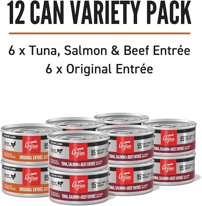 ORIJEN Premium Pate Wet Cat Food Variety Pack: Tuna Salmon & Beef + Original Entrées 3oz Cans (12 Count, 6 of Each)