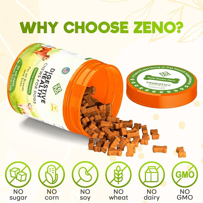ZENO Probiotics for Dogs Chews 150Pcs - Digestive, Gut Health & Diarrhea Support - Chews for Dogs - US Formula with Probiotics, Enzymes & Natural Ingredients - Roast Chicken