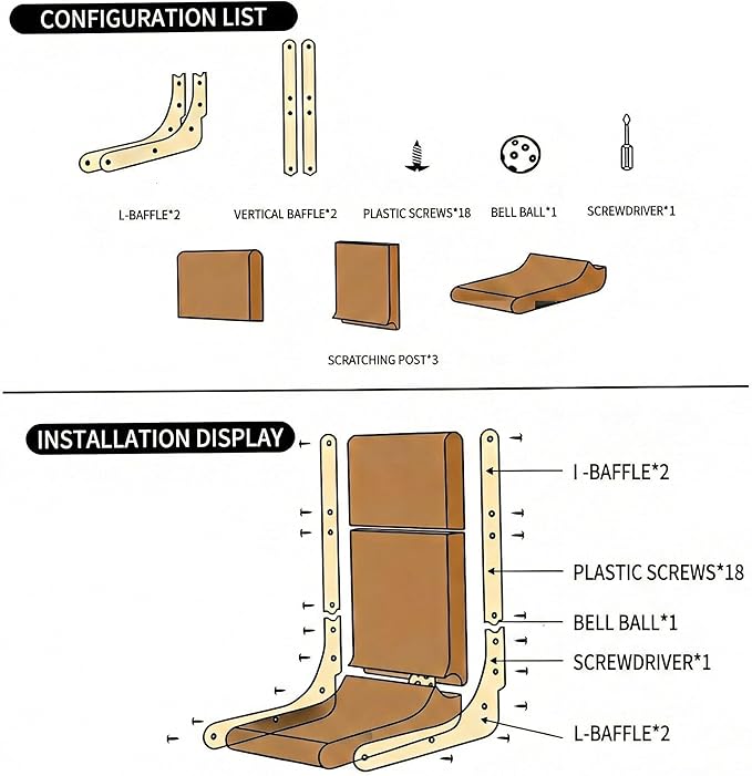 Cuddly Co L Shaped Cat Scratcher Cardboard - 26.8" Vertical Scratching Post for Indoor Cats, Wall Mounted Lounge Pad & Sofa Furniture Protector, Large High Density Recyclable Board with Ball Toy