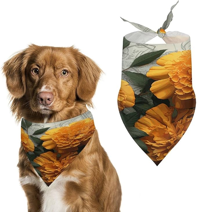 Dog Bandana Spring Pet Scarf Adjustable Triangle Marigold Printing Dog Bib Washable Polyester Puppy Bandana for Small Medium Large Dogs Cat Birthday Party Supplies