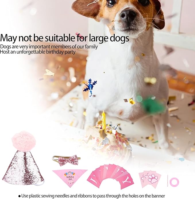 Adjustable Dog Birthday Scarf Hat Set, Pet Birthday Party Supplies, Soft Cotton Polyester Bandana with Bow Tie and Banner Cards for Puppy Photo Shoots and Celebrations