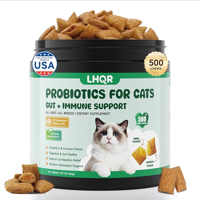 500 Probiotics for Cat - Digestive Enzymes & Prebiotics for Gut Health, Probiotic Tasty Chews Diarrhea Relief & Gas Treatment, Pumpkin Formula for Sensitive Stomachs & Itchy Skin Support, Chicken