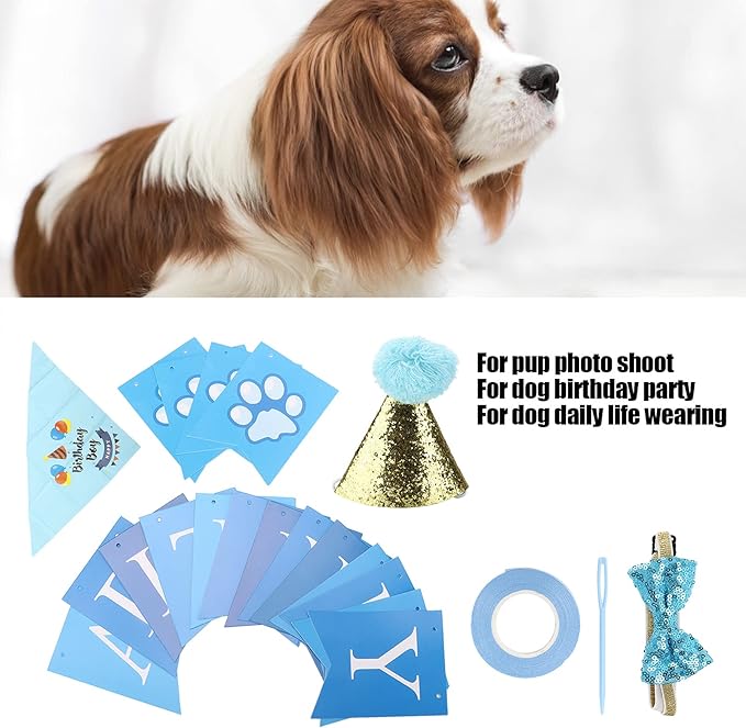Dog Birthday Party Supplies Set with Hat Scarf Bow Tie, Reusable Pet Birthday Decorations for Small to Medium Dogs, Includes Streamers Ribbon and Pin for Photo Shoots