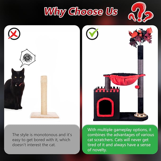 Cat Tree 38" Tower with Large Hammock, Scratching Post for Indoor Cats with Condo, Cat Furniture Track Balls and Bouncy Ball, Red Black