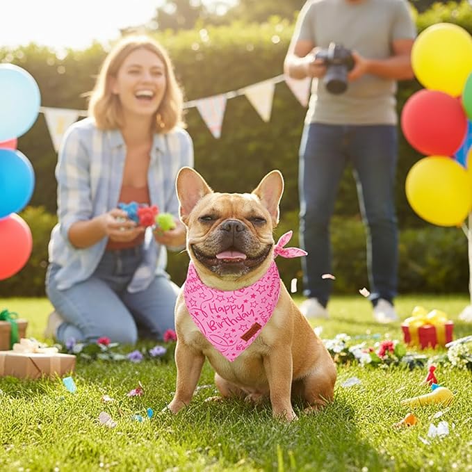 PTDECOR Pink Happy Birthday Dog Bandana, Premium Durable Fabric, Triangle Scarf for Dog Birthday Party Supplies, Pink Pet Bandana for Medium Large Dogs Pets (Large)
