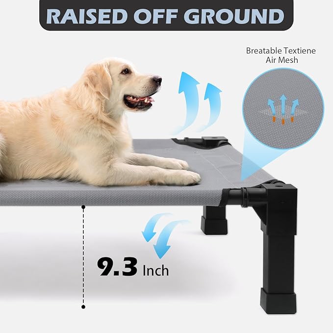 Heeyoo Elevated Dog Bed with Canopy, Outdoor Dog Bed Cot with Removable Shade Tent, Portable Raised Pet Cot Cooling Bed for Dogs and Cats, Grey, 51" x 36"