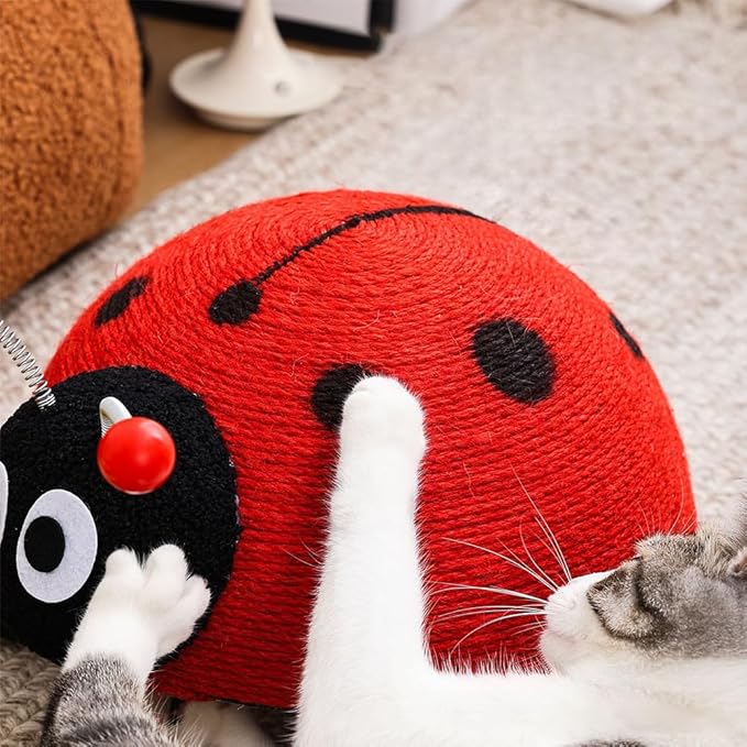 Sisal Cat Scratching Post, Durable Small Cat Scratcher for Indoor Cats, Anti-Scratch Furniture Protector with Cute Animal Shapes, Scratch Toy for Kittens, Non Falling Toy with Ball (Ladybug)