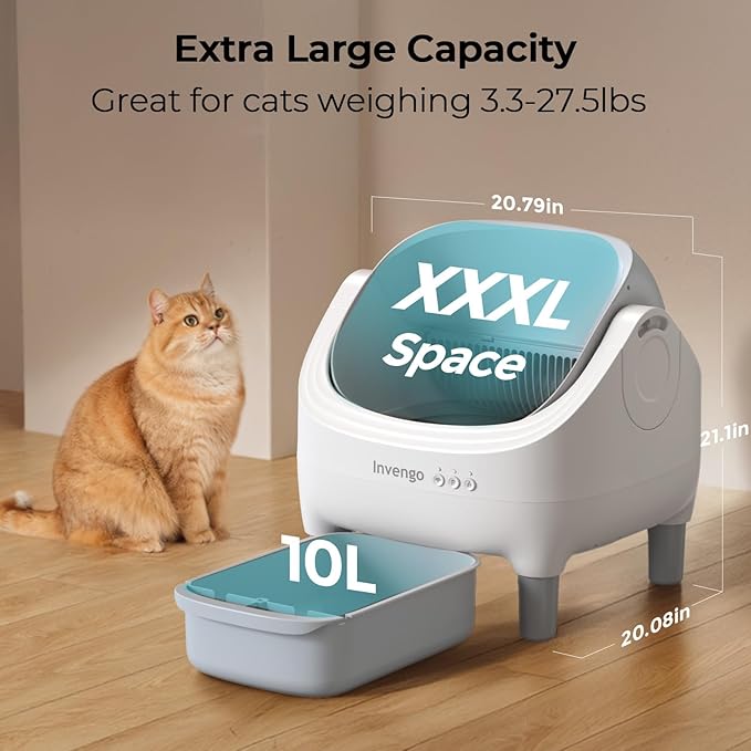 Automatic Cat Litter Box Self Cleaning, App Control, Open-Top Automatic Litter Box with Safety Sensors, Ultra-Quiet, 10.5L Waste Bin with Odor Control, 2 Rolls of Garbage Bags, Grey White