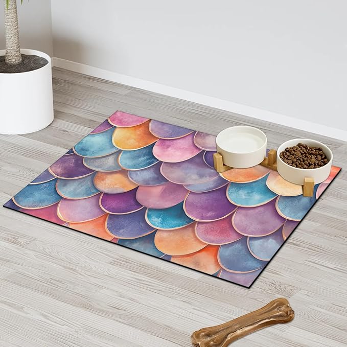 Mermaid Scale Dog Food Mat for Floors Absorbent Dog Bowl Mat for Food and Water Dispenser Quick Dry Cat Food Placemat Pet Supplies 16" x 24", Fish Scale