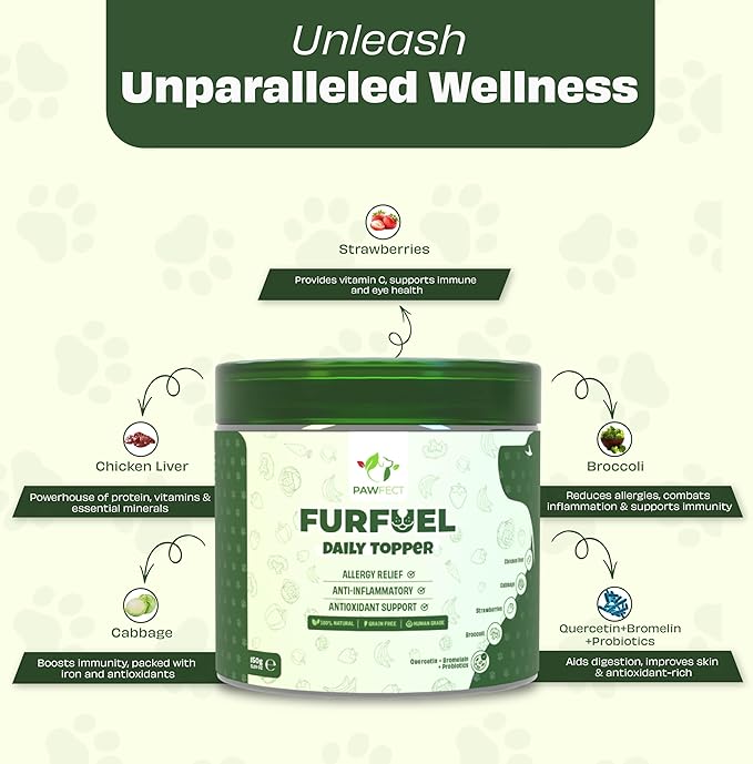 Pawfect Furfuel Dog Food Toppers Immune Support Allergy Relief Gut Health Skin and Coat Care Anti Inflammatory Dog Food Toppers with Bromelain Broccoli Quercetin Antioxidant Formula (150g/5.29oz)
