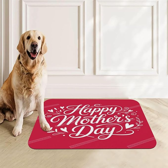 Pet Feeding Mats with Residue Collection Red Happy Mother's Day Floral Gift for Mom Dw Waterproof Dog Cat Bowl Mat 24x16In with Prevent Water Food Spills
