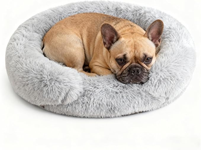 Calming Dog & Cat Beds for Small Medium Dogs Cats, Anti-Anxiety Pet Bed Orthopedic Donut Cushion, Soft Fluffy Faux Fur Warming Cozy Washable, Fits up to 15 lbs Pets (Round, Pale Grey 20")