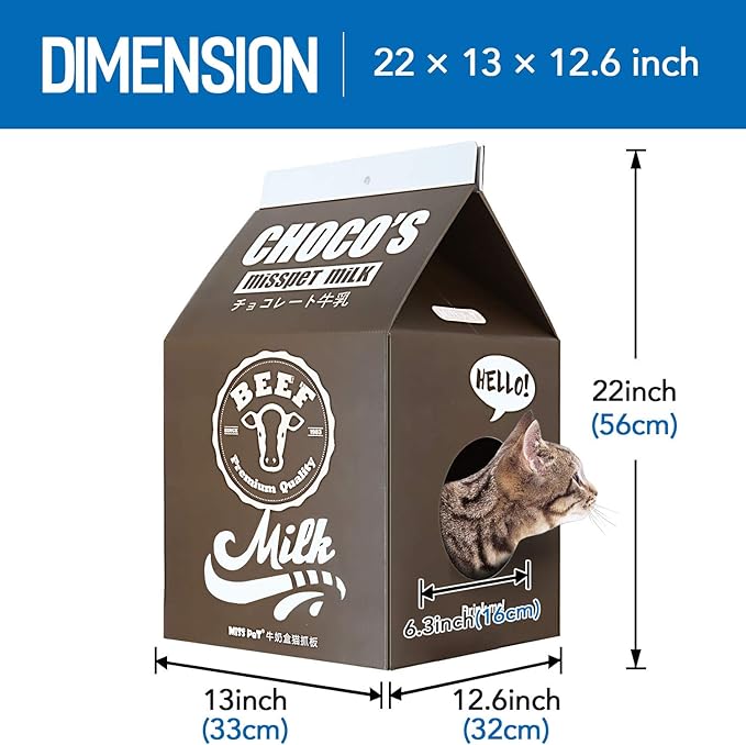Cardboard Cat House with Scratch Pad, Corrugated Kitten Hideaway Cave, Cute Cats Condos Box, Milk Box Shape Cat Scratching House Bed, Black
