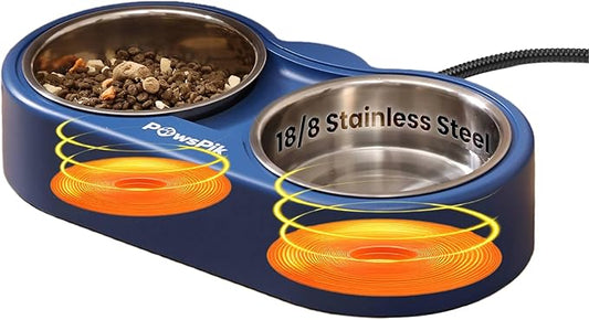 PawsPik Heated Water Bowl for Cats, 18/8 Stainless Steel Heated Pet Bowl, Outdoor Cat Bowl in Winter, Blue, 3 Cups