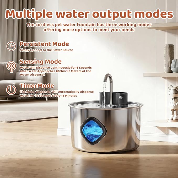 3.2L Wireless Pet Water Fountain, 4000mAh Rechargeable Stainless Steel Dispenser with Infrared Sensor & 3-Stage Filtration, Ultra-Quiet Pump, Indoor & Outdoor Use for Cats & Dogs