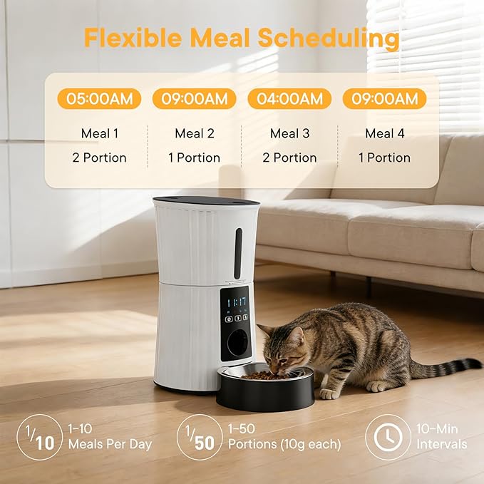 NEWBULIG Automatic Cat Feeder, 4L Timed Pet Feeders with 10s Voice Recorder, Dog Food Dispenser with APP Control, Dry Food, 10 Meals, Programmable 50 Portions, Dual Power Supply, Desiccant Bag