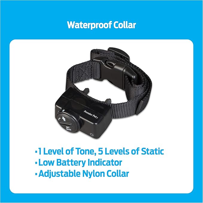 Premier Pet Wireless Dog Fence System - Adjustable Circular Boundary Up to ½ Acre - Waterproof Collar with Tone & 5 Static Levels - No Digging - Expandable to Include Multiple Dogs