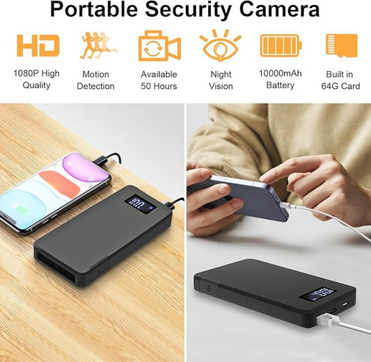 1080P Power Bank Video Recorder, Portable Camera with Motion Detection and Night Vision, Loop Recording Small Security Cam for Home Office Meeting, No WiFi Function