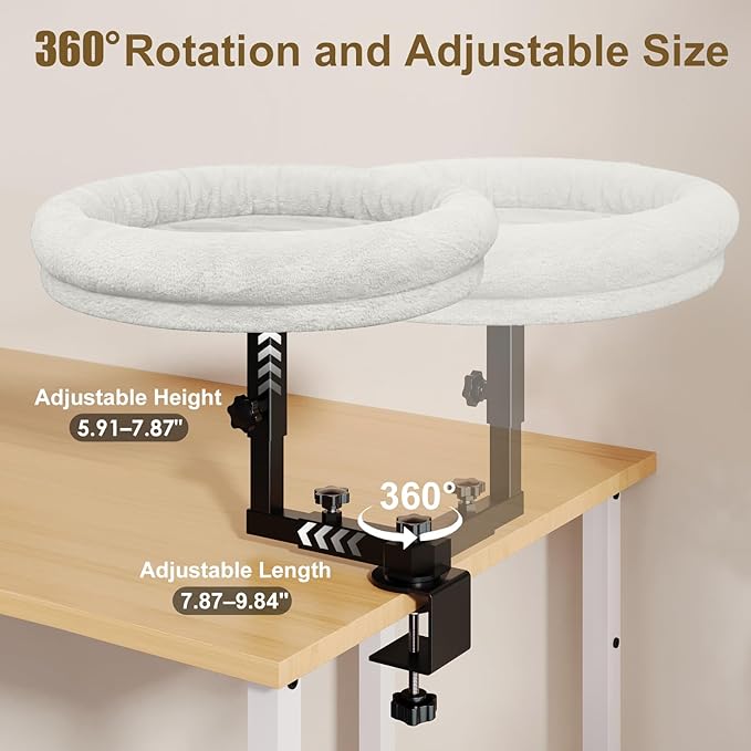 Large Cat Desk Bed, 360°Rotating & Adjustable Shelf, 18" Thickening Cat Bed for Desk, Soft Faux Fur with Mat, Suitable for Various Desktops - Maximum Hold Up to 50lb (White)