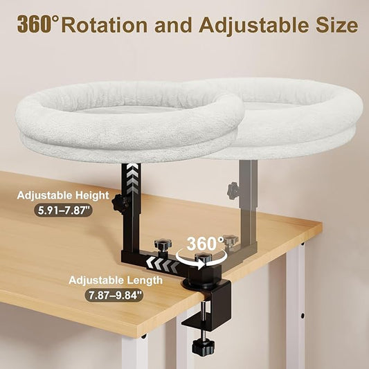 Large Cat Desk Bed, 360°Rotating & Adjustable Shelf, 18" Thickening Cat Bed for Desk, Soft Faux Fur with Mat, Suitable for Various Desktops - Maximum Hold Up to 50lb (White)
