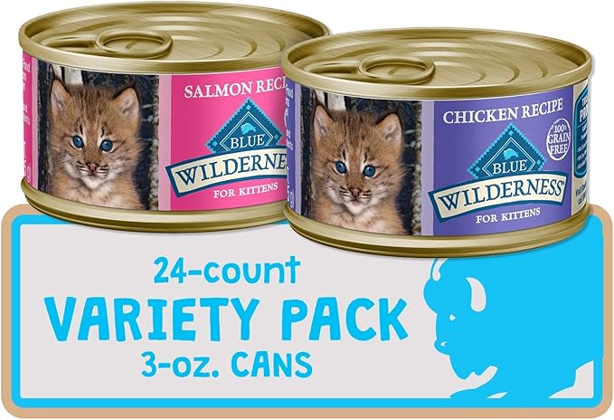 Blue Buffalo Wilderness High Protein Grain Free, Natural Kitten Pate Wet Cat Food Variety Pack, Chicken, Salmon, 3-oz Can, 24 Count