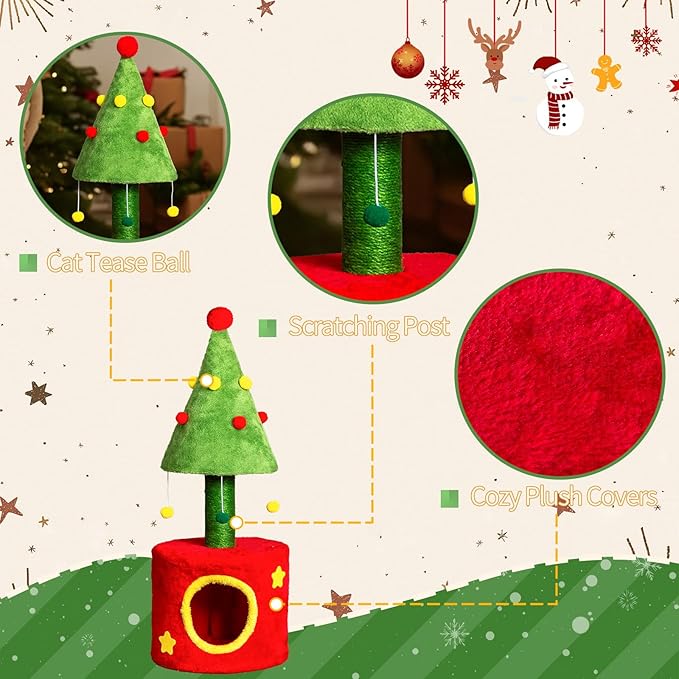 30in Cat Scratching Post with Cat House for Indoor Kitten, Small Cat Tree Tower with Sisal Post and Cute Hanging Balls, Red & Green