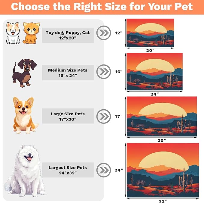 Boho Sunrise Dog Food Mat for Floors Absorbent, Quick Dry Water Dispenser Mat for Food, Water, Pet Supplies 17" x 30", Desert Cactus