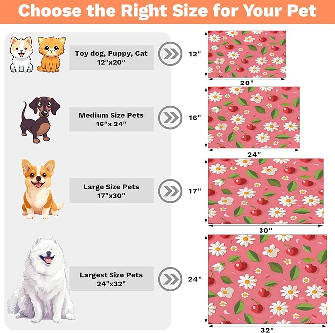 Cute Fruit Dog Food Mat for Floors Absorbent Dog Bowl Mat for Food and Water Dispenser Quick Dry Cat Food Placemat Pet Supplies 17" x 30", Daisy Cherry