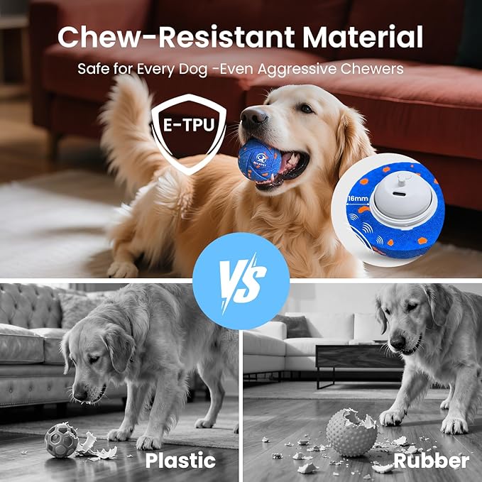Interactive Dog Toys Dog Ball - Auto Bouncing & Rolling, Chew-Resistant E-TPU Material, 3 Interactive Modes, IPX7 Waterproof, Smart Chase Pet Toy Ball for Medium and Large Dogs (Blue)
