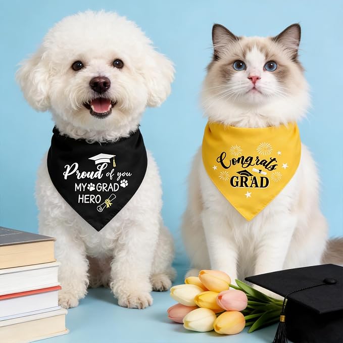 2 Pack Cozy Graduation Dog Bandanas Triangle Double-Layer with Double-Sided Print Dog Scarf Washable Pet Bandana for Small Medium Large Dogs Bandana for Dogs Graduation Outfit Decor Supplies