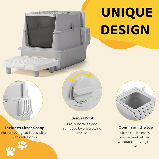 Outvita Stainless Steel Cat Litter Box with Lid 23.6", XL Metal Litter Box with Stair and Litter Scoop for Big Cats, Extra Large High Sided Enclosed, Anti-Leakage, Non-Sticky, Easy Cleaning