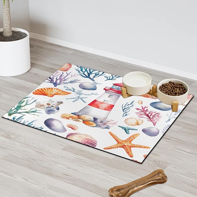 Coastal Lighthouse Dog Food Mat for Floors Absorbent Dog Bowl Mat for Food and Water Dispenser Quick Dry Cat Food Placemat Pet Supplies 17" x 30", Ocean Sea Starfish