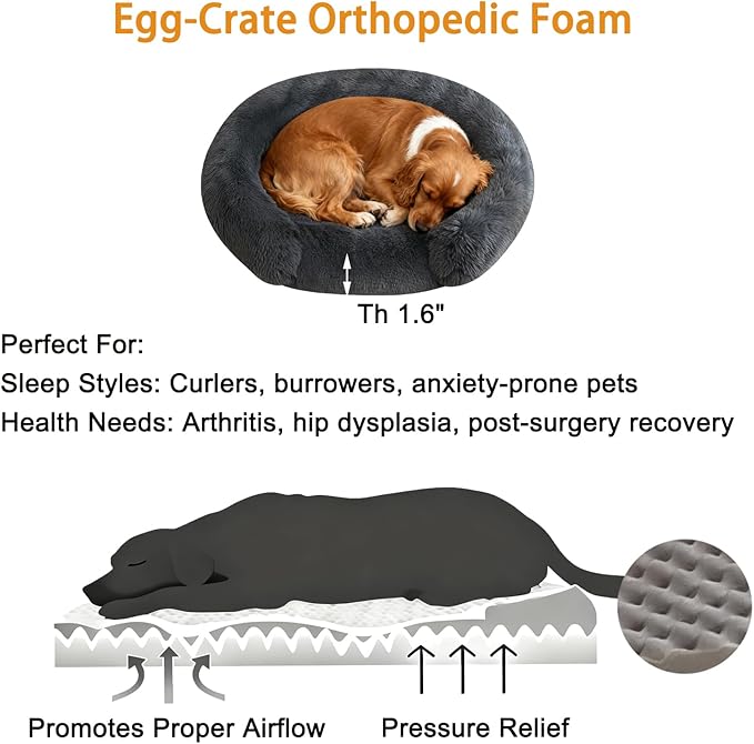 Calming Dog & Cat Beds for Small Medium Dogs Cats, Anti-Anxiety Pet Bed Orthopedic Donut Cushion, Soft Fluffy Faux Fur Warming Cozy Washable, Fits up to 15 lbs Pets (Round, Dark Grey 20")