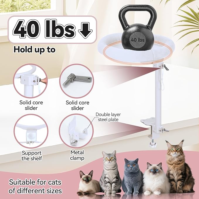 Cat Desk Bed,Steel Cat Bed for Desk,Up and Down Available,360° Rotating, Shelf Height Adjustable, Desktop Attachment Cats Nest Perch Hammock for Office Game Tables, Supports 40lb (White)