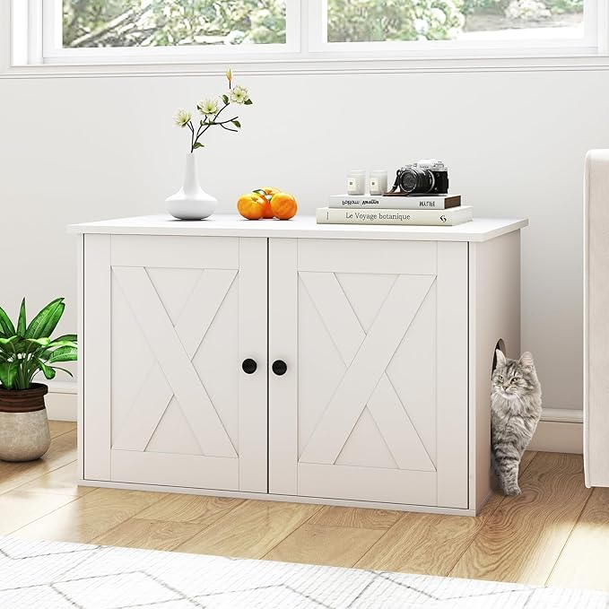 Tangkula Cat Litter Box Enclosure, Hidden Cat Washroom Cabinet with Double Doors, Divider, Side Entry, Indoor Wooden Cat House End Table, Enclosed Litter Box Furniture (White)