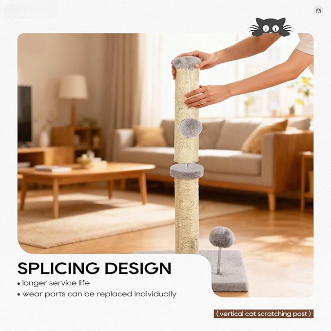Dkelincs 33" Tall Cat Scratching Post Premium Sisal Kitten Scratcher with Hanging Ball for Indoor Cats, Cat Scratch Post for Living Room & Bedroom, Ideal for Cats at All Ages (Light Gray, 33 Inch)