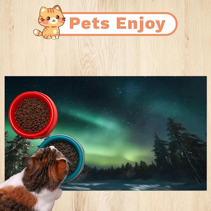 Northern Light Dog Food Mat for Floors Absorbent, Quick Dry Water Dispenser Mat for Food, Water, Pet Supplies 17" x 30", Aurora Forests