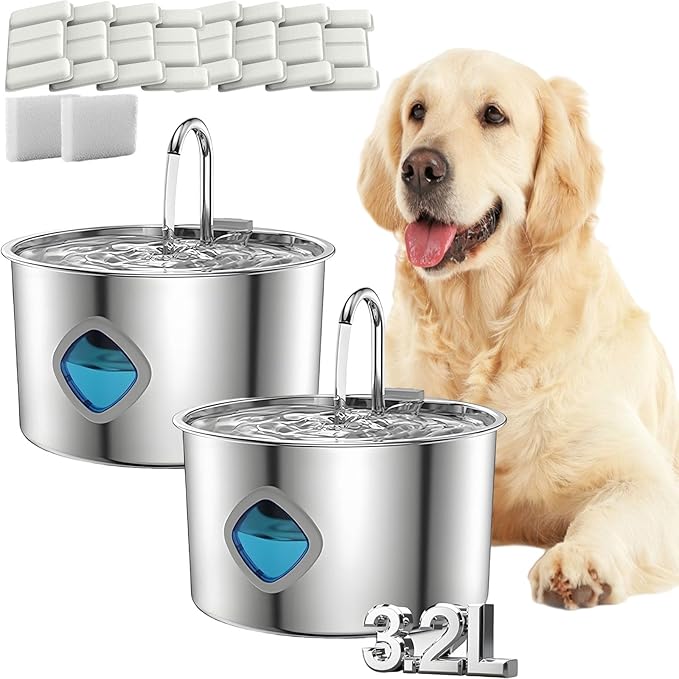 Dog Water Fountain, 4l/7l Doggy Fountain, Large Capacity Dog Water Fountain Stainless Steel, Silent Low-Noise Design, Multi-Filtration, LED Low‑Water Alert (2pcs+24 Filter)