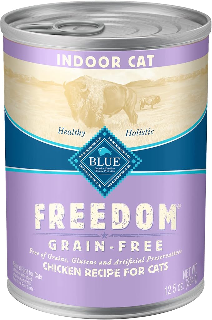 Blue Buffalo Freedom Grain Free Natural Adult Pate Wet Cat Food, Indoor Chicken 12.5-oz cans (Pack of 12)