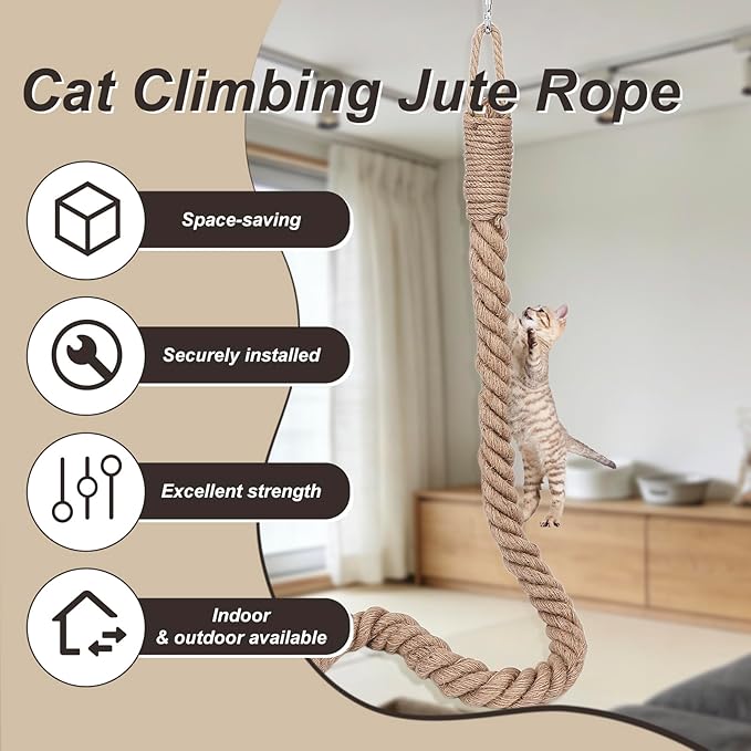 Cat Climbing Rope, Cat Climbing Jute Rope, Wall Mounted Furniture Pole Scratching Post with Hook Screws Clip for Indoor and Outdoor Cats (2m / 6.6ft)