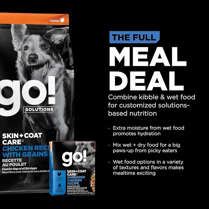 Go! Solutions Skin + Coat Care, Wet Dog Food, Shredded Chicken Recipe with Grains for Sensitive Skin, 12.5 oz (Pack of 12)