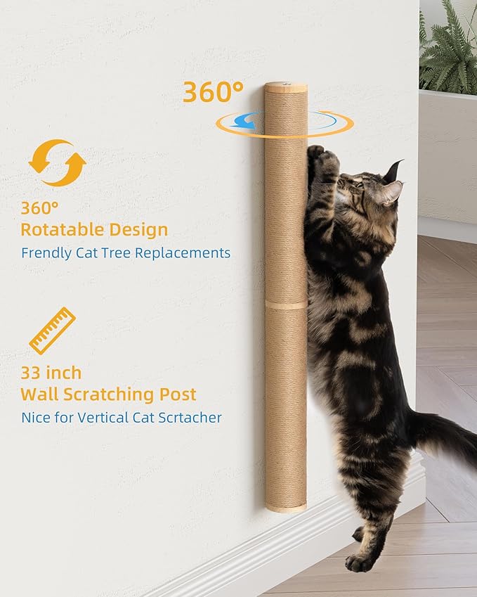 68" Wall Mounted Cat Scratcher, 2-Pcs of 34inch Tall Sisal Scratching Posts, Wall Mounted Cat Pole for Indoor Large Adult Cats Climb Stretch Play, Wooden