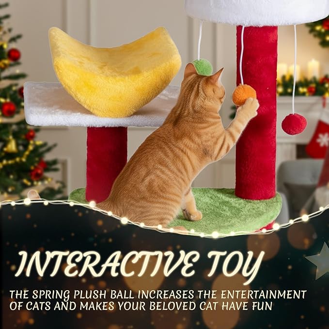 Outvita 48.5in Christmas Themed Plush Cat Tree, Multi-Level Cat Tower with Cat Condos, Top Perch, Sisal Ramp Scratching Board, Large Cat Pet Activity Center for Indoor Cats